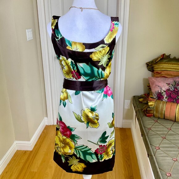 Geisha Dress Y2K Silk Floral Sleeveless Round Neck Brown Yellow Pink Aqua (S) - Picture 3 of 8